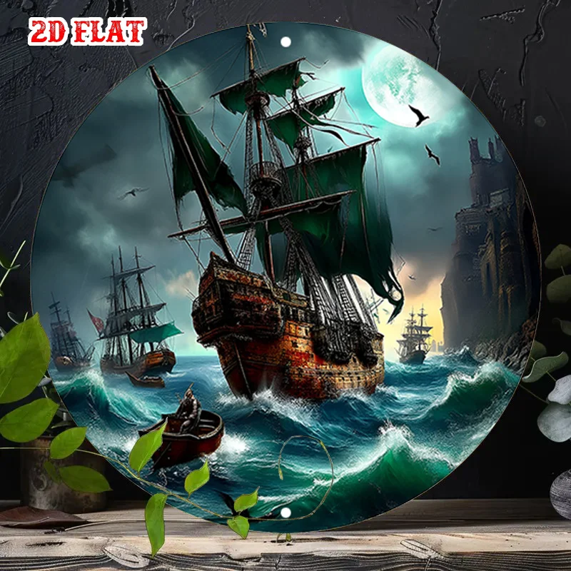 2D Flat Retro Pirate Ship Sailing on Stormy Sea Round Aluminum Sign,7.8x7.8 Inches,Indoor Wall Decor for Living Room,Café,Beach