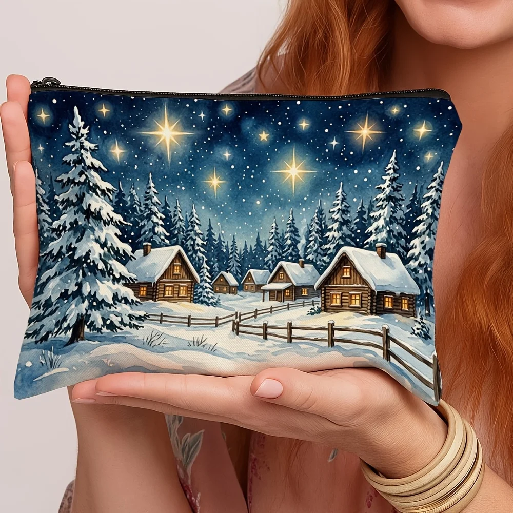 Christmas Winter Snow Cabin Starry Night Zipper Pouch Watercolor Pine Tree Print Cosmetic Travel Pouch Gift For Winter Lovers