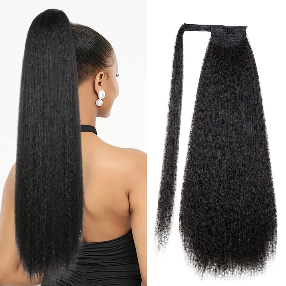 Synthetic Wig 24 Inches Yaki Kinky Straight Ponytail Hair Extension Drawstring For Black Women Girl Daily Party