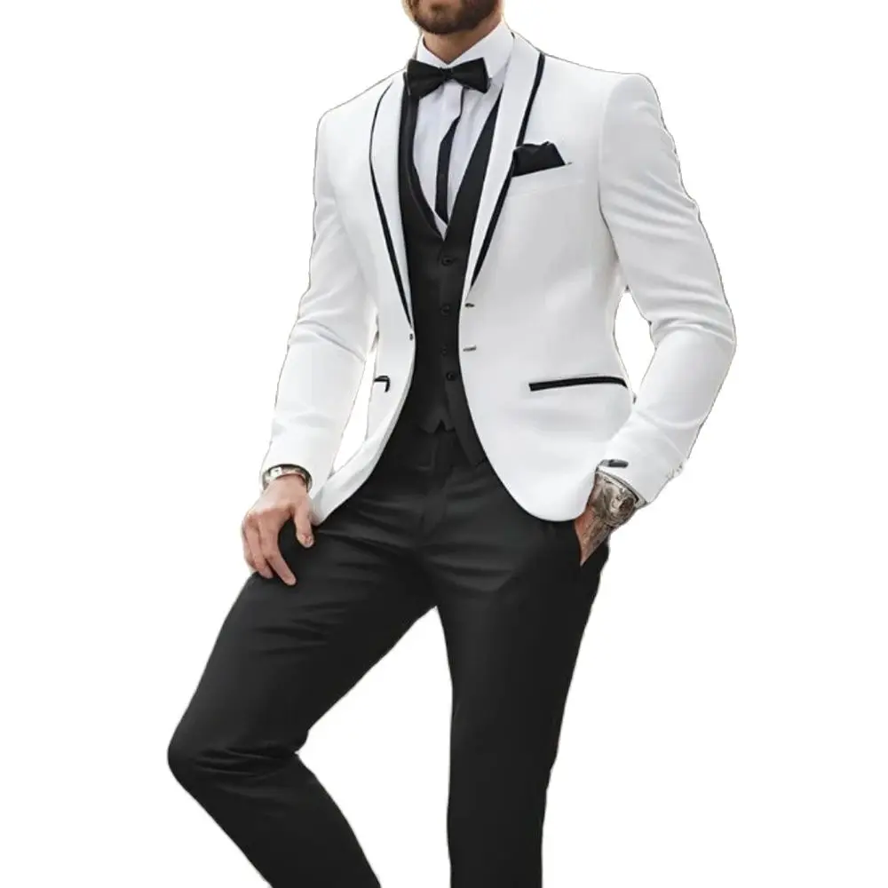 Elegant Men's Suits 3 Piece Jacket Pants Vest Full Sets One Button Shawl Lapel Slim Fit Male Clothing Luxury Wedding Blazer