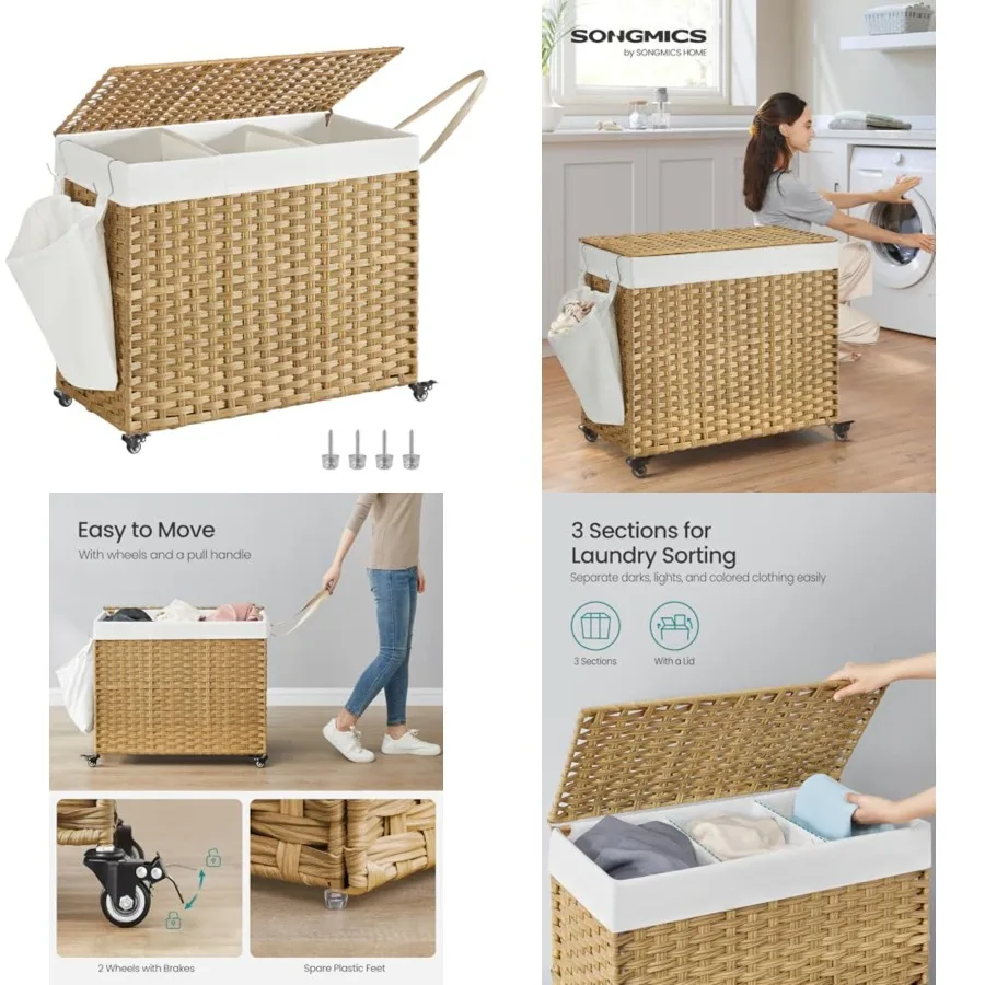 

Laundry Hamper with Lid, 42.3 Gaons,Rolling Laundry Basket with Wheels, 3-Section Synthetic Rattan, Removable Liner, Bedroom, 2