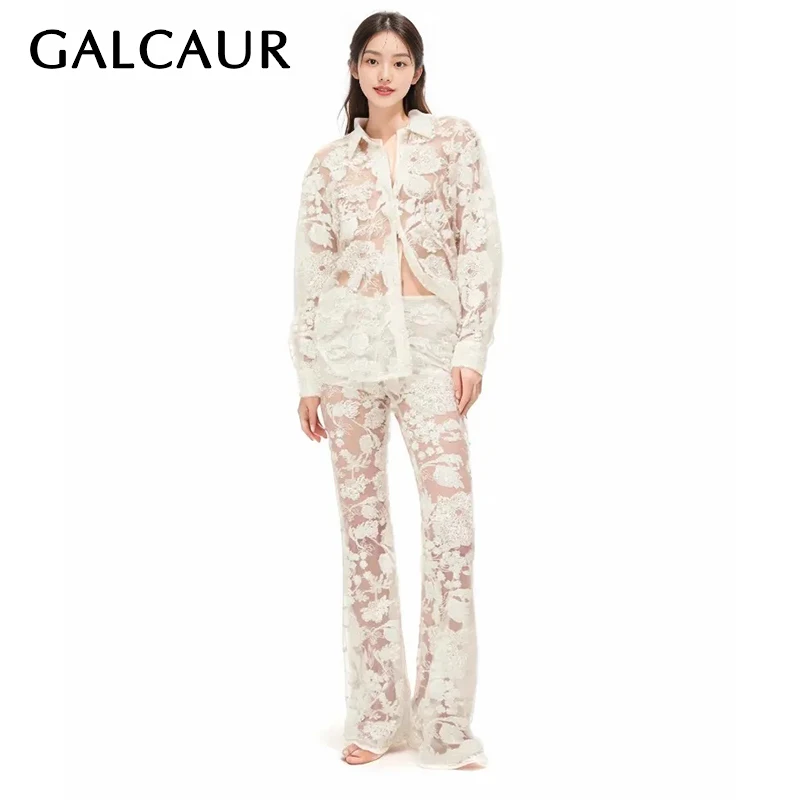 

GALCAUR Summer Two Piece Set For Women Lapel Long Sleeve Spliced Lace Tops High Waist Casual Slimming Pants Solid Sets Feamle