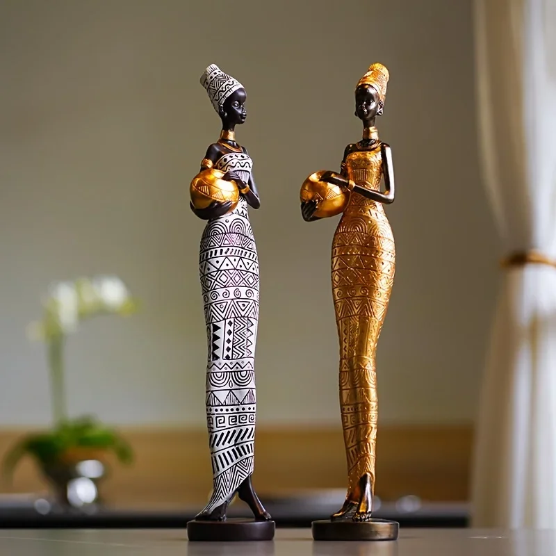 2026 Resin Painted Black Statue Decor Figurines Retro African Women Holding Pottery Pots Home Bedroom Desktop Collection Items