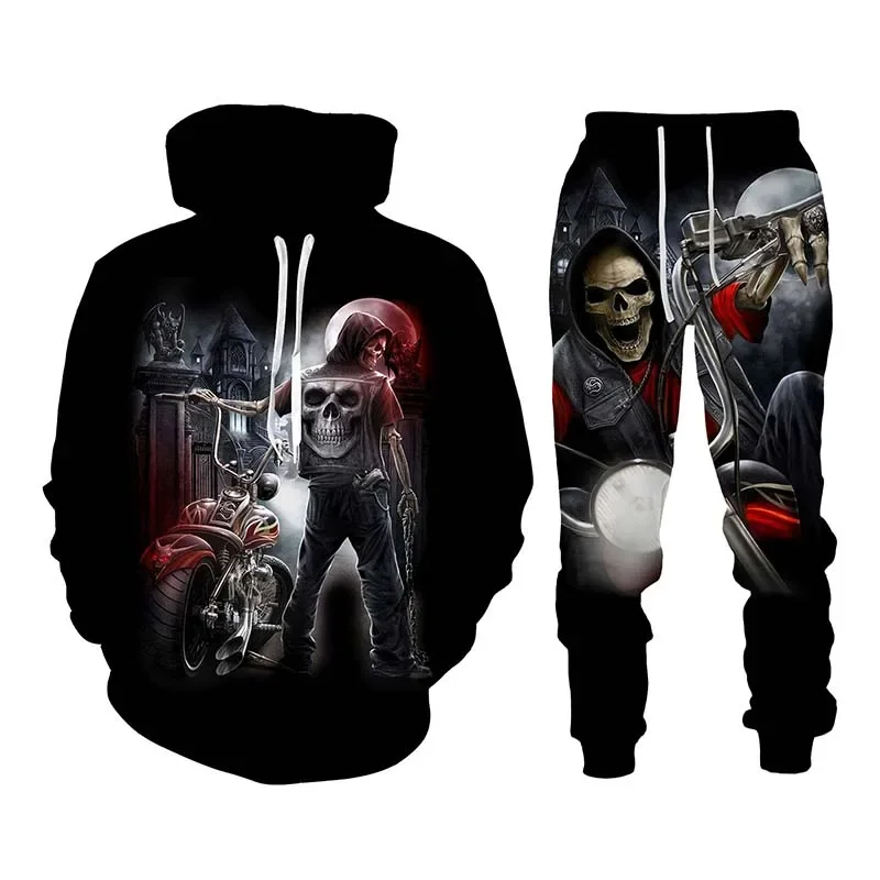 Men Punk Hoodies Suit Skull 3D Print Tracksuit/Pants Goth Skeletons Long Sleeve Pullover Oversize High-quality Autumn Winter New