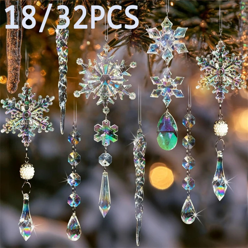 

18/32PCS Christmas Decoration Colorful Crystal Ornaments For Christmas Tree Hanging Acrylic Snowflake Icicle Pendant Xmas Decor
