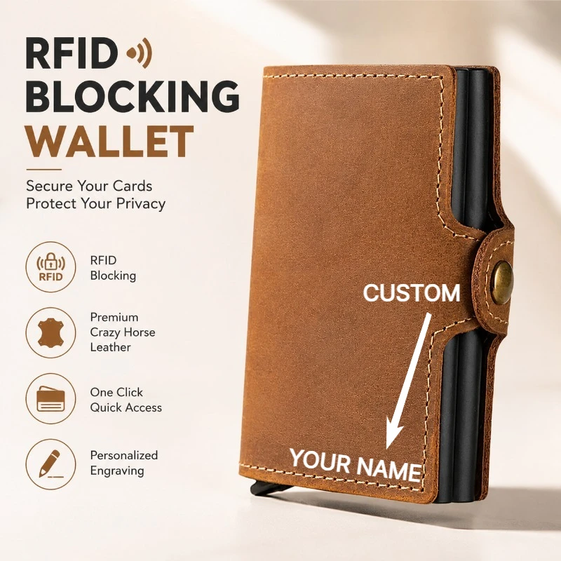 Custom Engraved Logo RFID Double Layer Aluminum Box Automatic Pop Up Card Clip Genuine Crazy Horse Leather Men Bank Card Bag