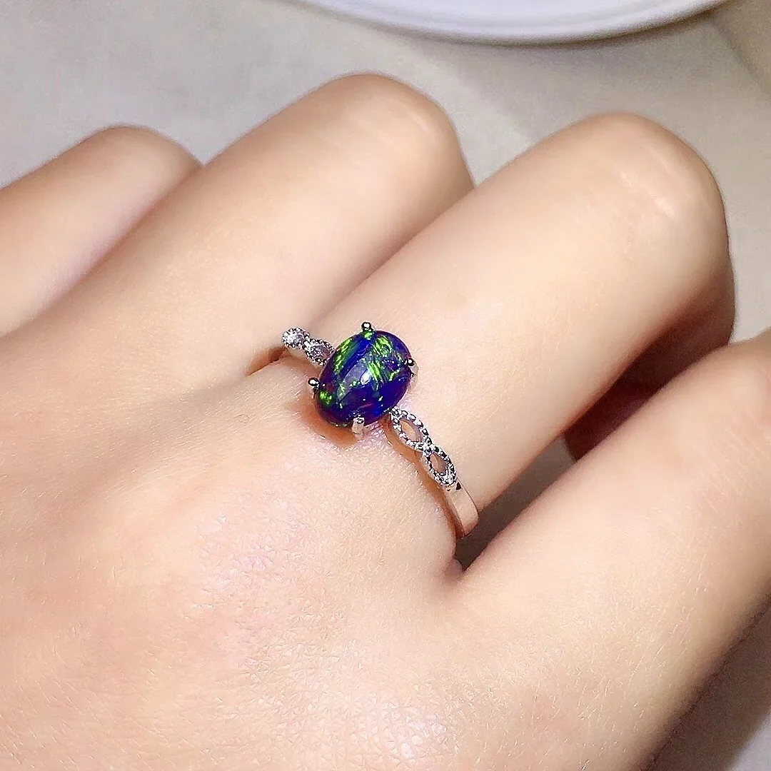 

Fashion Sterling Silver Black Opal Ring for Office Woman 6mm*8mm Mysterious Black Opal Silver Ring Brithday Gift for Wife