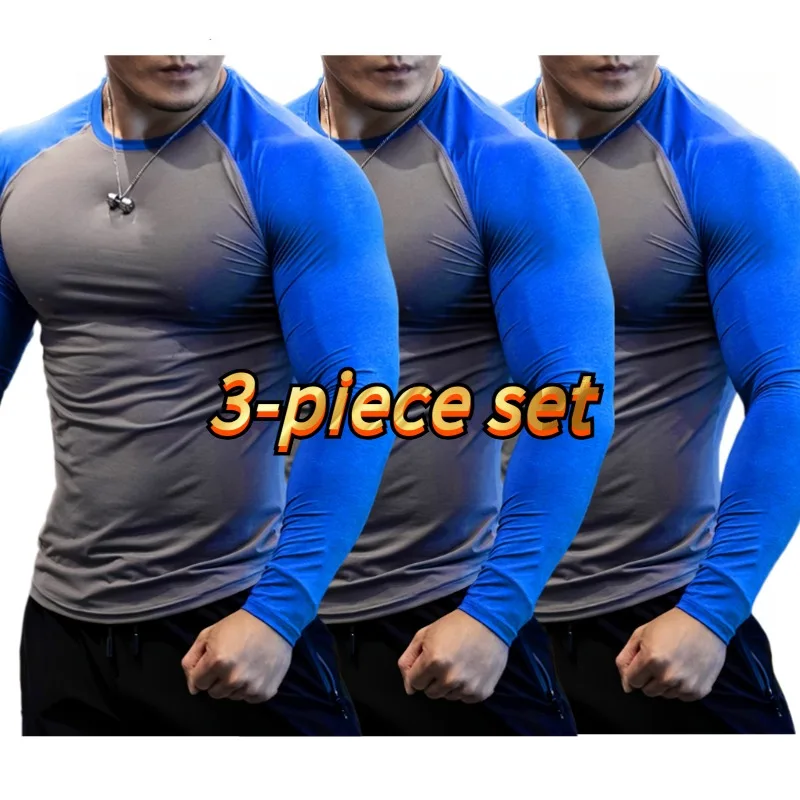 

Мужской компрессионный тренировочный костюм из трех предметов, мужской быстросохнущий костюм для фитнеса с защитой от солнца, быстросохнущий плотный футбольный баскетбольный костюм