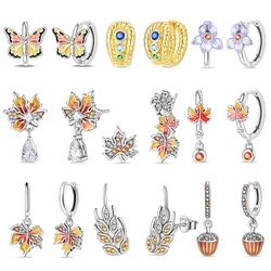 New 925 Sterling Silver Fashion Autumn Pinecone Maple Butterfly Wheat Earrings Ladies Fine Engagement Wedding Party Jewelry Gift