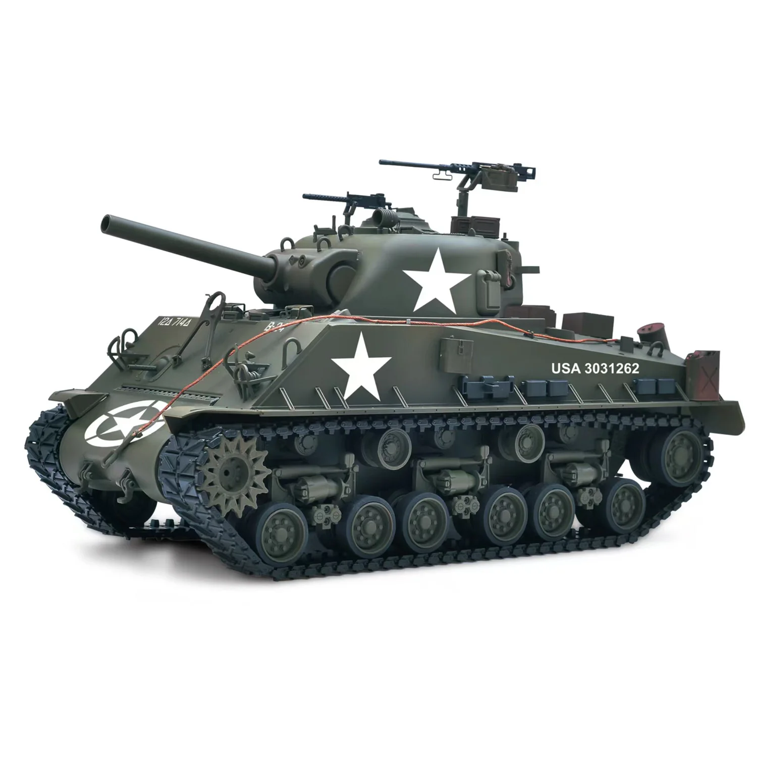 

Радиоуправляемый танк Toy 1/16 Sherman M4A3 E8 с ИК-пультом, функцией подъема ствола, дымогенератором, металлическим шасси, дорожными колесами, вращением на 360°, RC Panzer