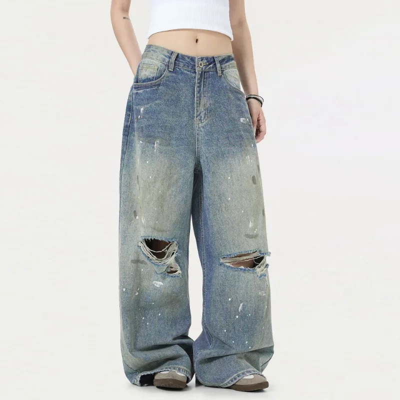 OR FL Women's American High Street Hole Wide Leg Jeans Trendy Brand Ink Splashing Aging Dirty Pants Mop the Floor Trousers Y2k