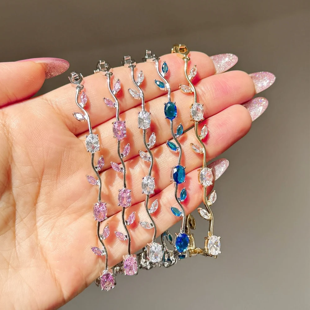 Colorful Charm Zircon Crystal Leaf Vine Flower Rhinestone Bracelet Luxury Women Girl Party Wedding Gold-Plated Jewelry Gift