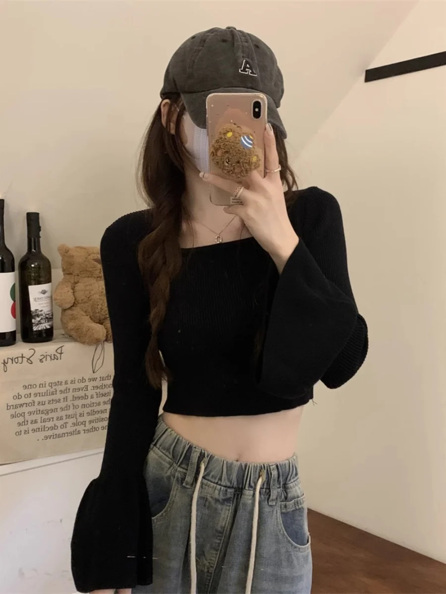 Women's Knitted Sweater with Drawstring High Waist Bell Sleeve Square Collar Short Style Inner Wear Top for Autumn Winter view 2