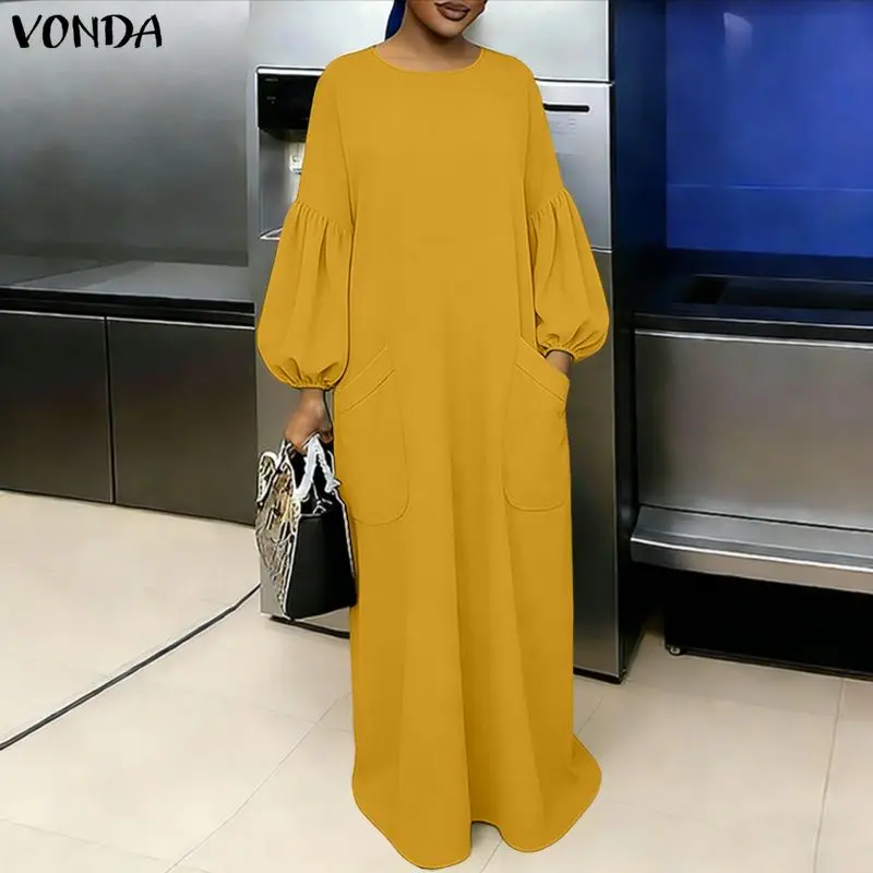 

Модное женское платье VONDA, однотонное, с длинными рукавами-фонариками, больших размеров, с круглым вырезом, длинное макси-платье для вечеринок, повседневное офисное платье (OL Vestidos)