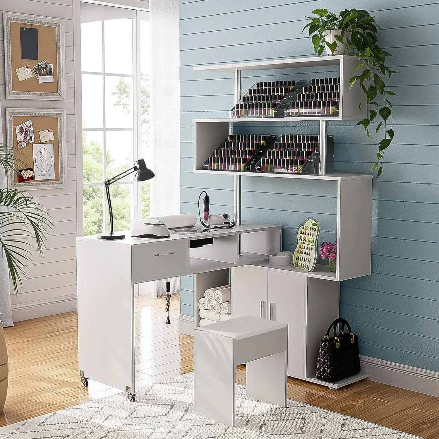 L Shaped Manicure Nail Workstation Rotating Reversible Manicure Table Dust Collector Stool Drawer Cabinet Storage Shelves Wheels
