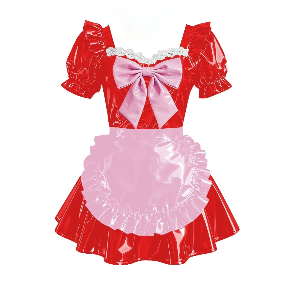 

Милый галстук-бабочка с пышным рукавом, униформа горничной, виниловая ПВХ кожа, плиссированное короткое вечернее платье, платье для выпускного вечера в стиле Лолиты для косплея