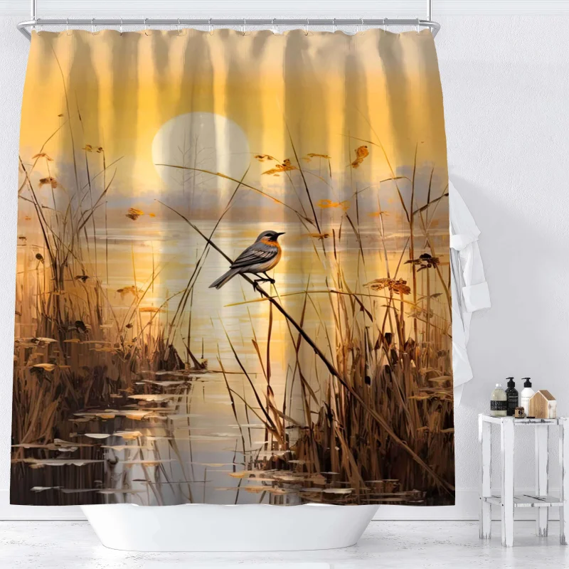 Sunset Lake & Bird scenery shower curtain-waterproof polyester with hooks, machine washable, all-season bathroom decor by ywjhui