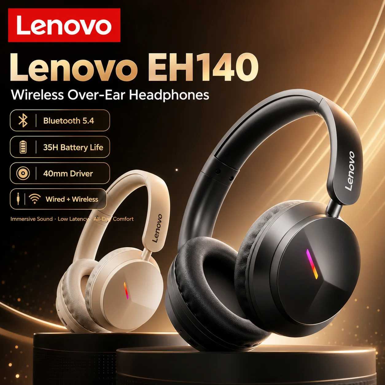 2026 Lenovo EH140 6.0 Bluetooth Gaming Headphones with ANC Noise Reduction Mic Low Latency Long Standby and 720° Sound Earphones