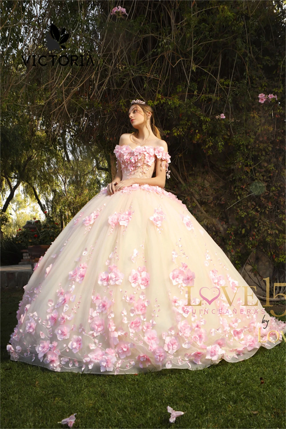 Vestido de baile frisado com cordões fora do ombro para bebê, vestidos Quinceanera doces, pérolas rosa, flores 3D, querida