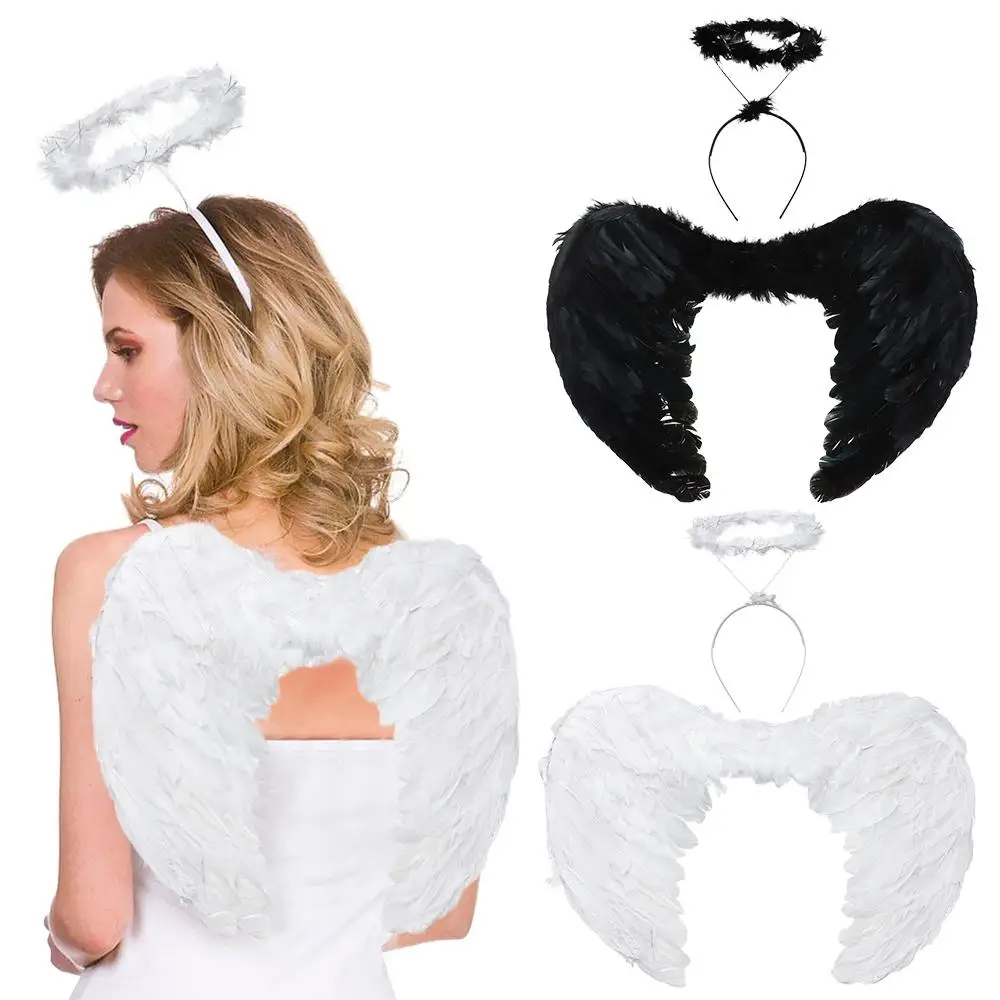 

Feather Wings And Halo Set Halloween Fancy Dress Ladies Dark Angel Costume