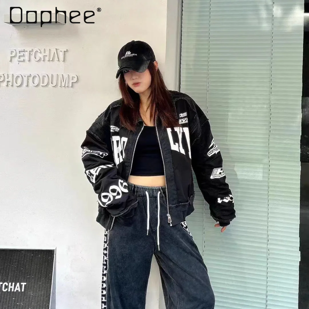 

Мотоциклетная короткая куртка в европейском стиле, женская осенняя новинка 2025, черная свободная модная брендовая куртка с буквенным принтом и номером
