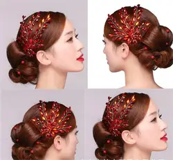 Big Leaf Bridal Head Jewelry Piece Flower Red Rhinestone Hair Vine Chinese Wedding Hair Accessories For Bridesmaid Head Dress