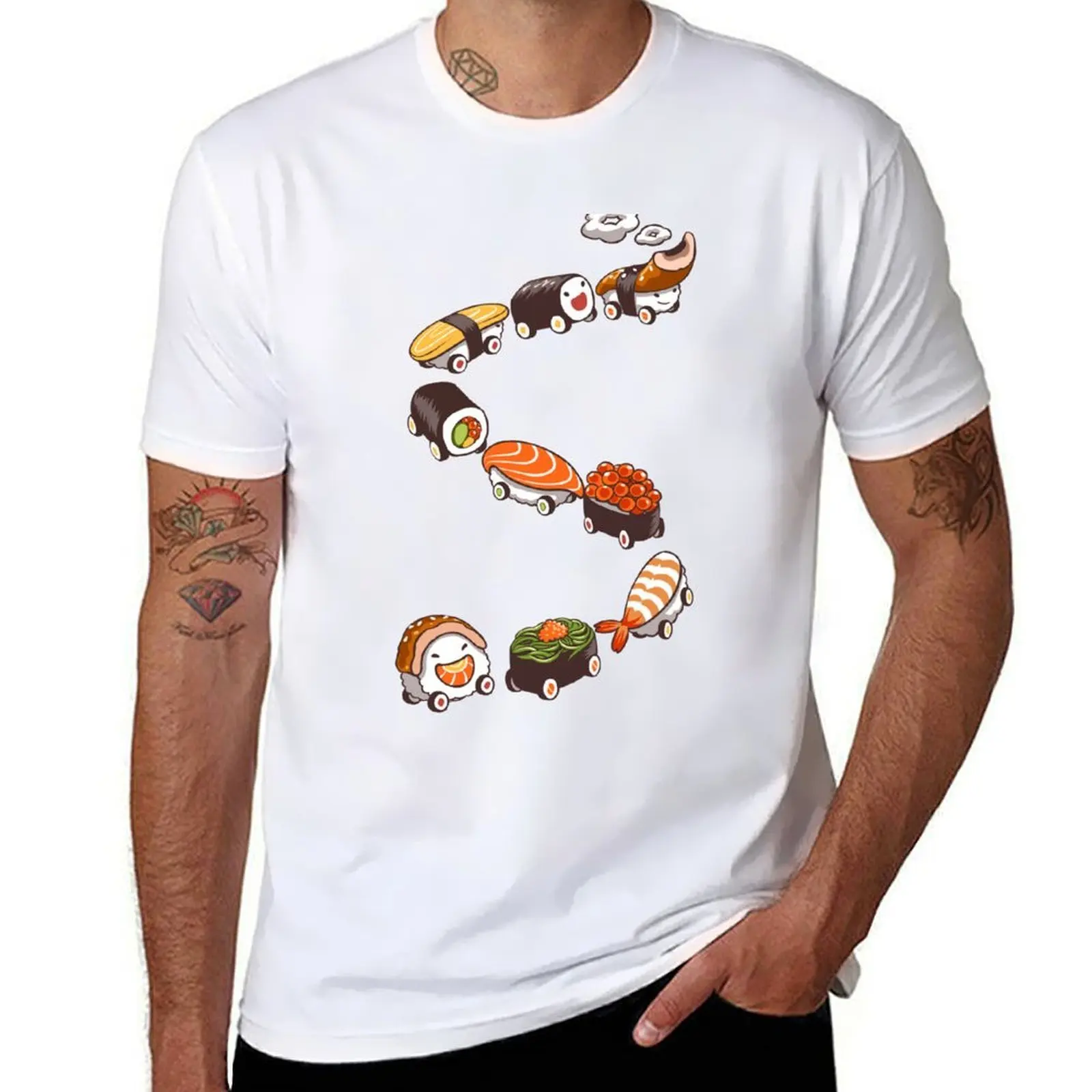 Camiseta de salmón, Ikura, Ebi, Tamago Nigiri Sushi Train, camisetas de algodón para hombre, camisetas 100% para hombre, camiseta de marca de lujo de alta calidad