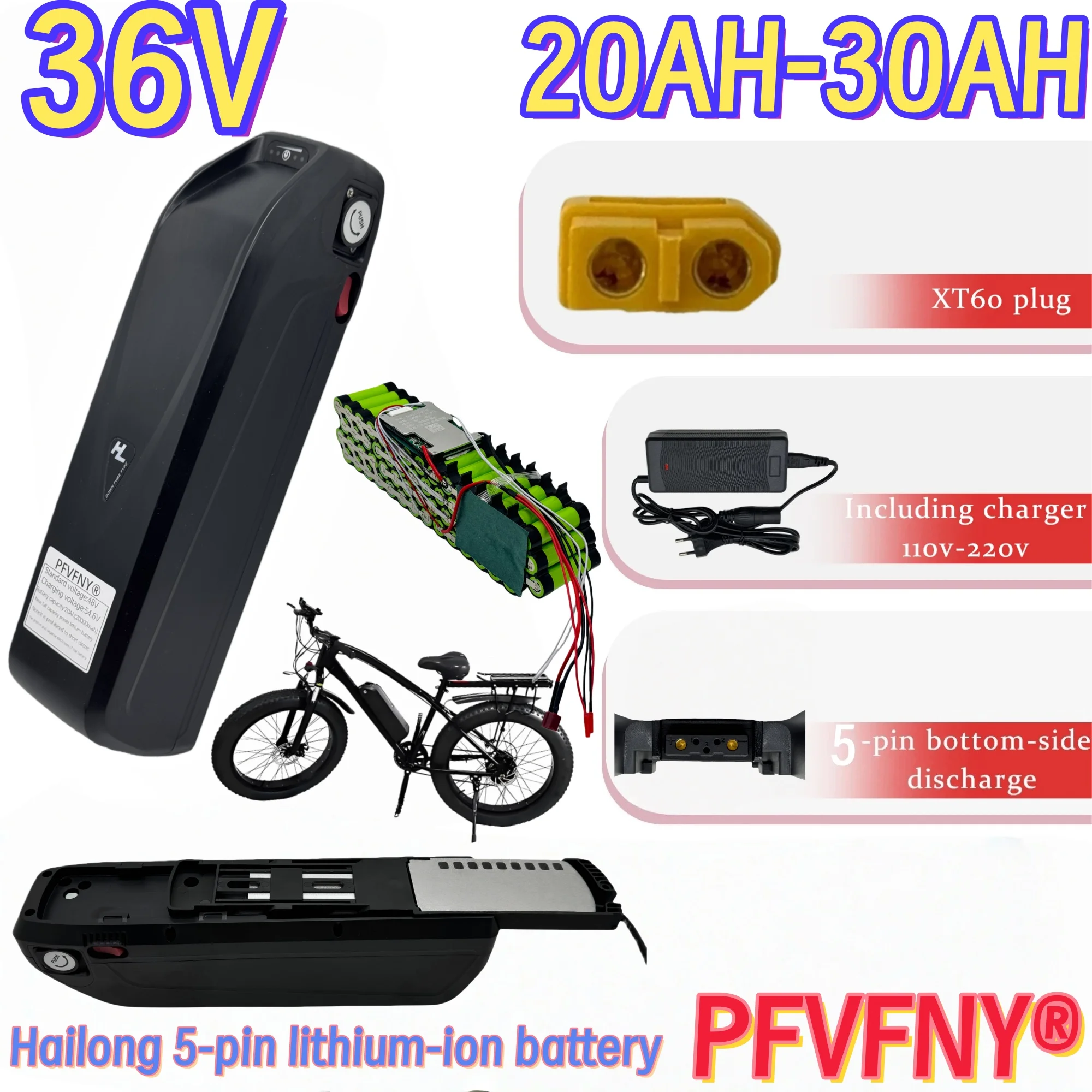 

36V electric bicycle Hailong 5-pin lithium battery, using electric bicycle 36V Ebike 2000w motor 20ah 30ah 10s6p battery