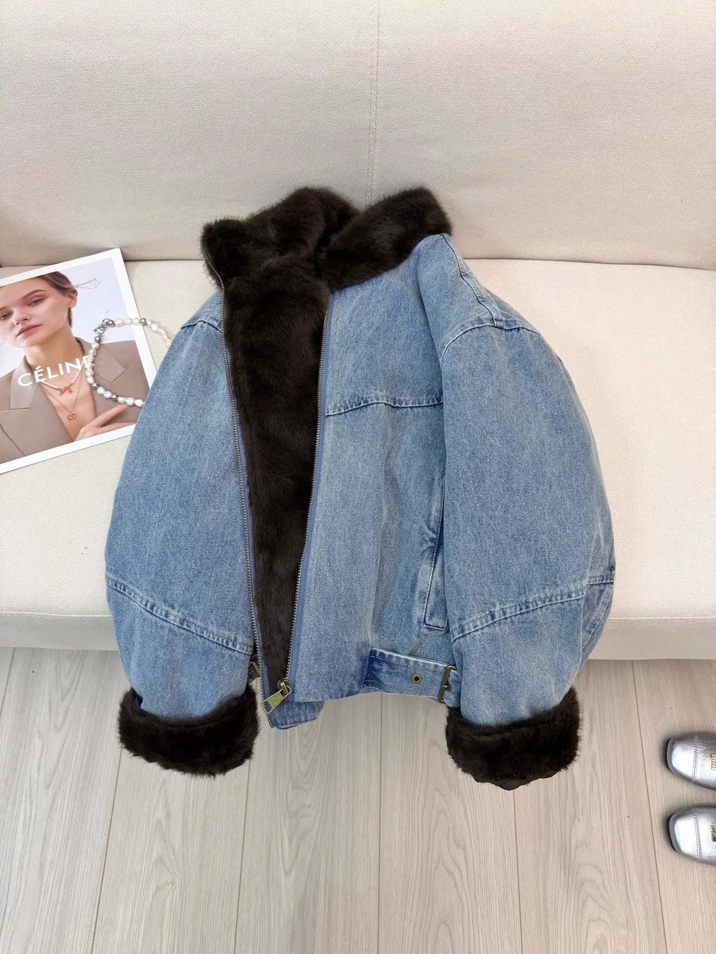 2026 Winter New Unique Design Fluffy Splicing Popular Short Denim Fleece Jacket Women