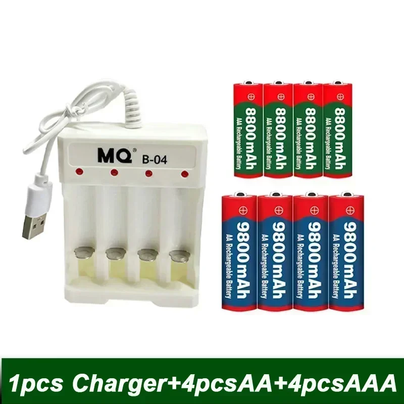 New 1.5V Rechargeable Battery, AAA 8800Mah+AA 9800 Mah, Plus Charger Set Alkaline Technology, Suitable for Remote Control,shaver