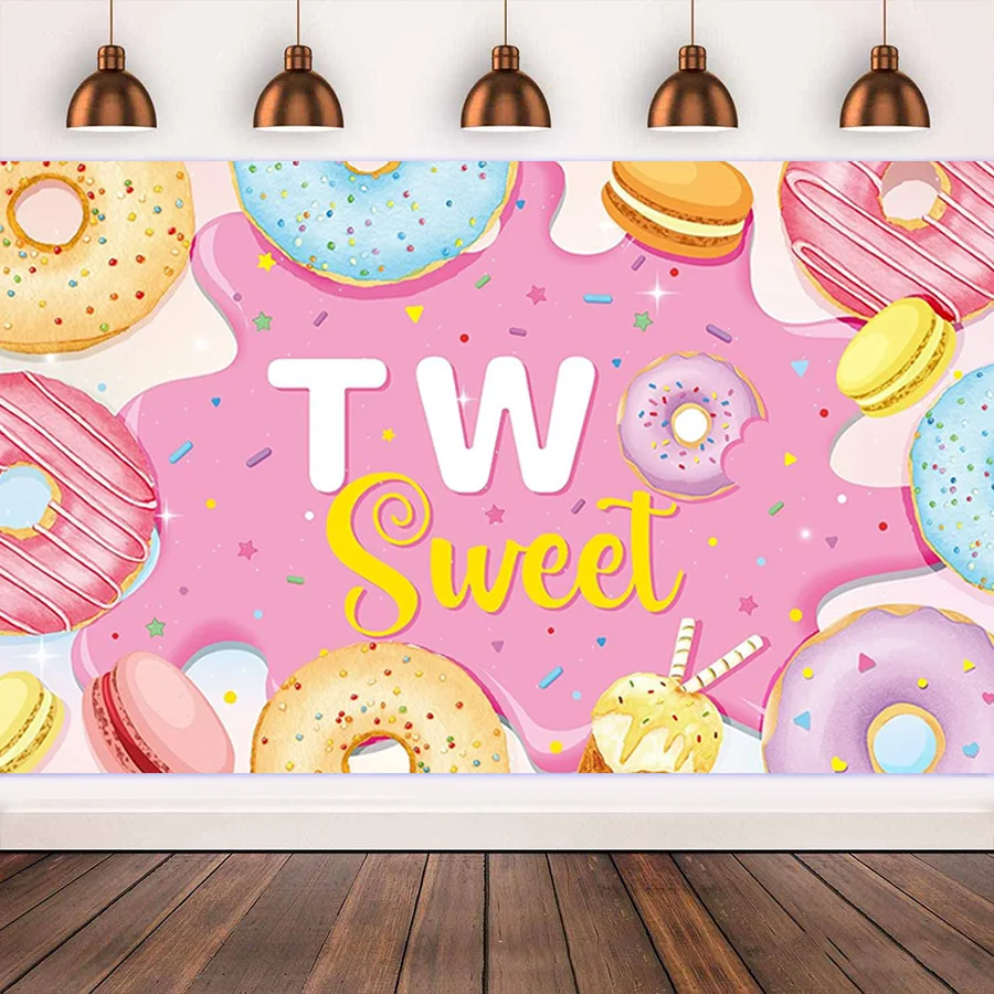 Donut Two Sweet Backdrop Sweet Donut Theme 2nd Birthday Party Decorations for Girls Dessert Photo Background Decor Supplies