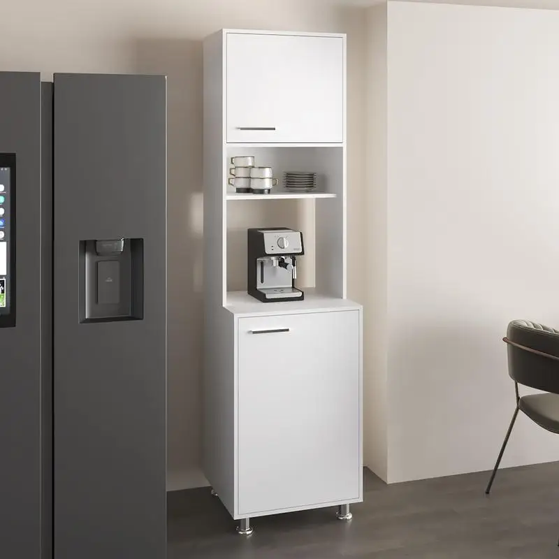 Kitchen Pantry Cabinet with Doors, Open Middle Shelf, Upper Storage, White Finish