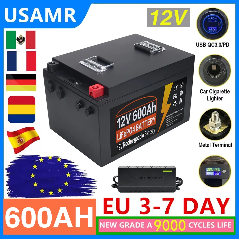 

12 В LiFePO4 Аккумулятор 600 Ач 350 Ач 200 Ач 150 Ач 120 Ач Встроенный литий-железо-фосфатный элемент BMS для гольф-кара Солнечное хранилище + зарядное устройство