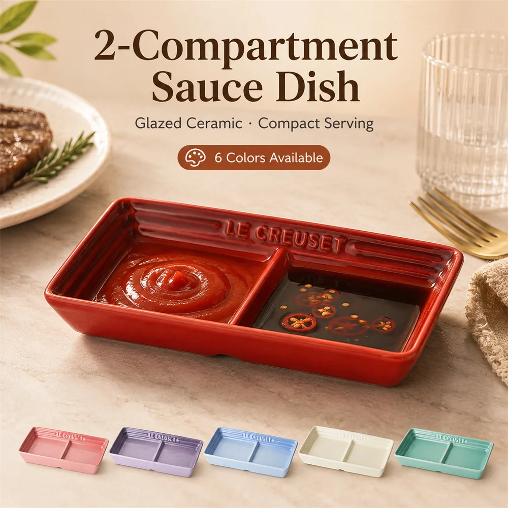 Le Creuset 2-Compartment Rectangular Sauce Dish: Ceramic Divided Dip Bowl - Japanese Style Condiment Plate for Sushi & Soy