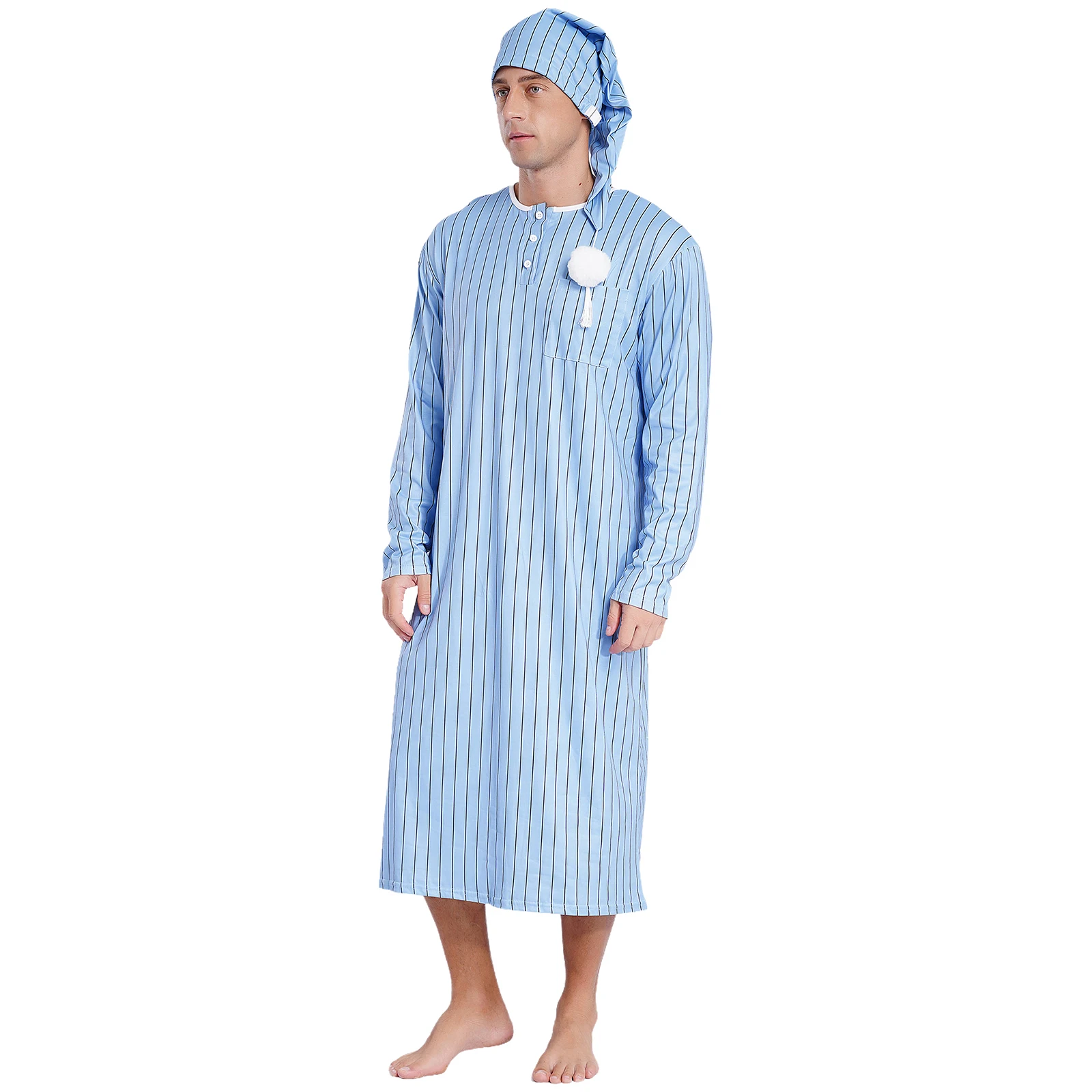 Mens Arabian Muslim Shower Robe Nightwear Pajamas Adjustable Sleep Hat Costume Robe with Hat Long Sleeve Long Robe And Pompom