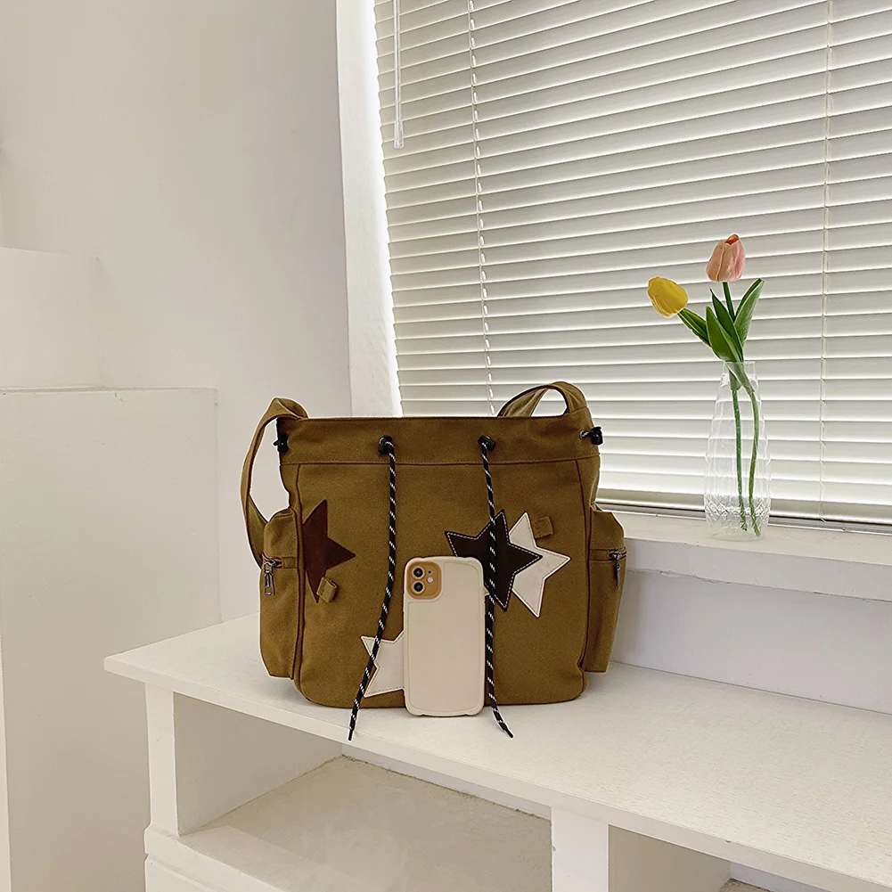 

Women Cute Messenger Bag Large Capacity Canvas Versatile Hobo Bags Star Applique Y2K Street Style School Bag for Teens Students