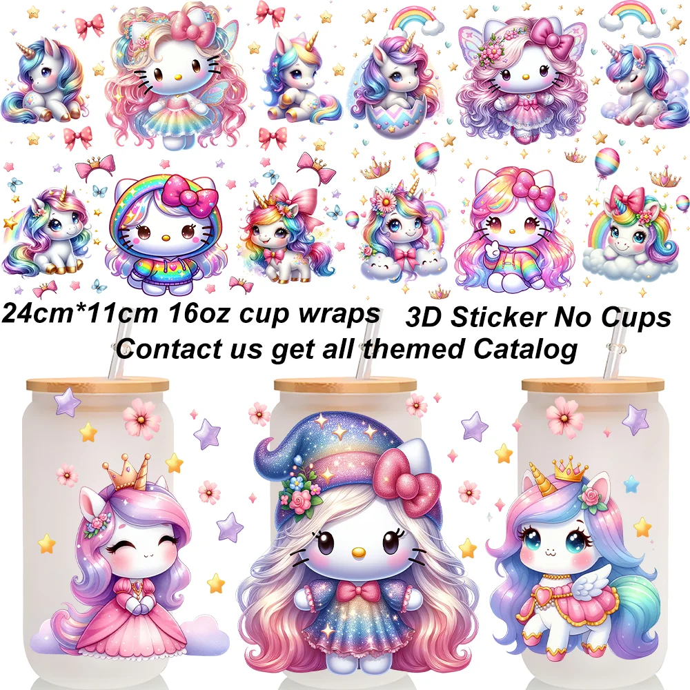 Cute Kitty Image With Unicorn 16oz UV DTF Cup Wrap Libbey Cup DIY Girl Gift Glass Cup Wraps Kitty Pattern 3D Transfers Sticker