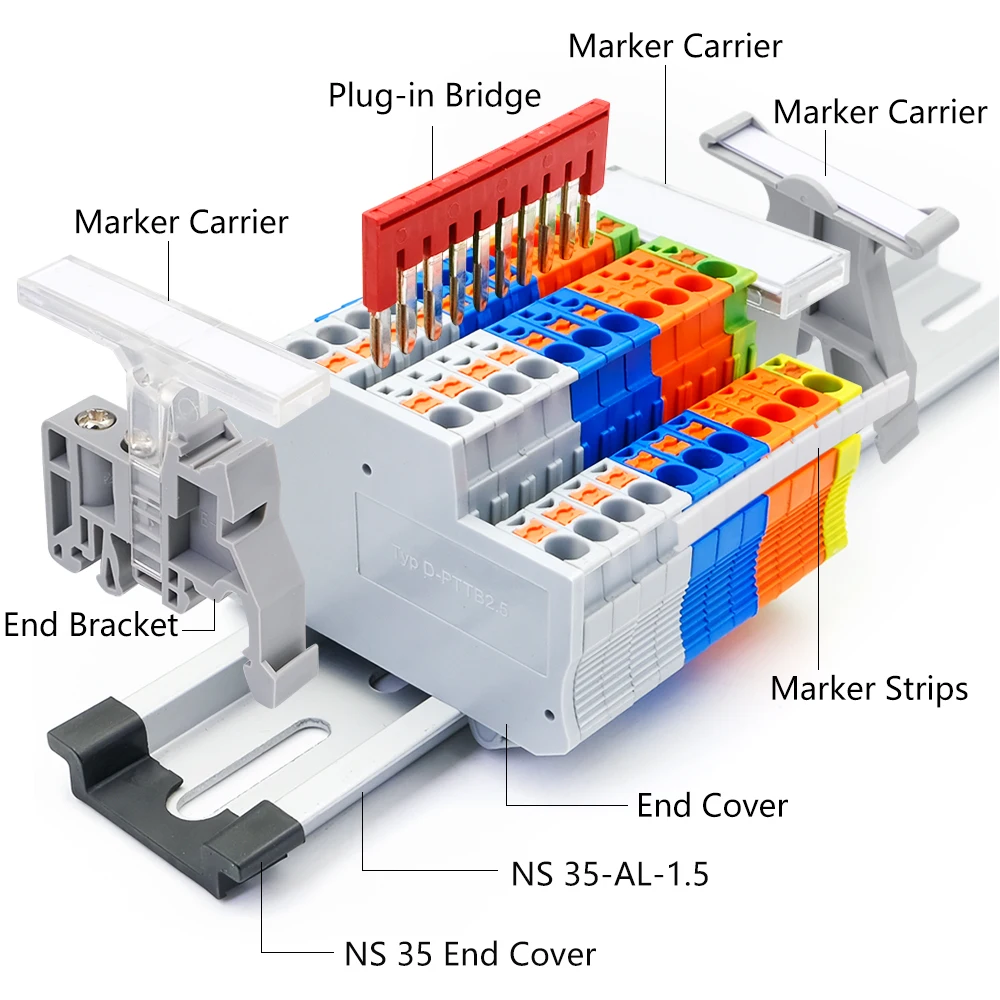 Pttb2.5 Din Rail Terminal Block Kit 12awg Veer Type Einddeksel Stop Plug-In Jumper Brug Marker Strip Assemblage Gecombineerd 1Set