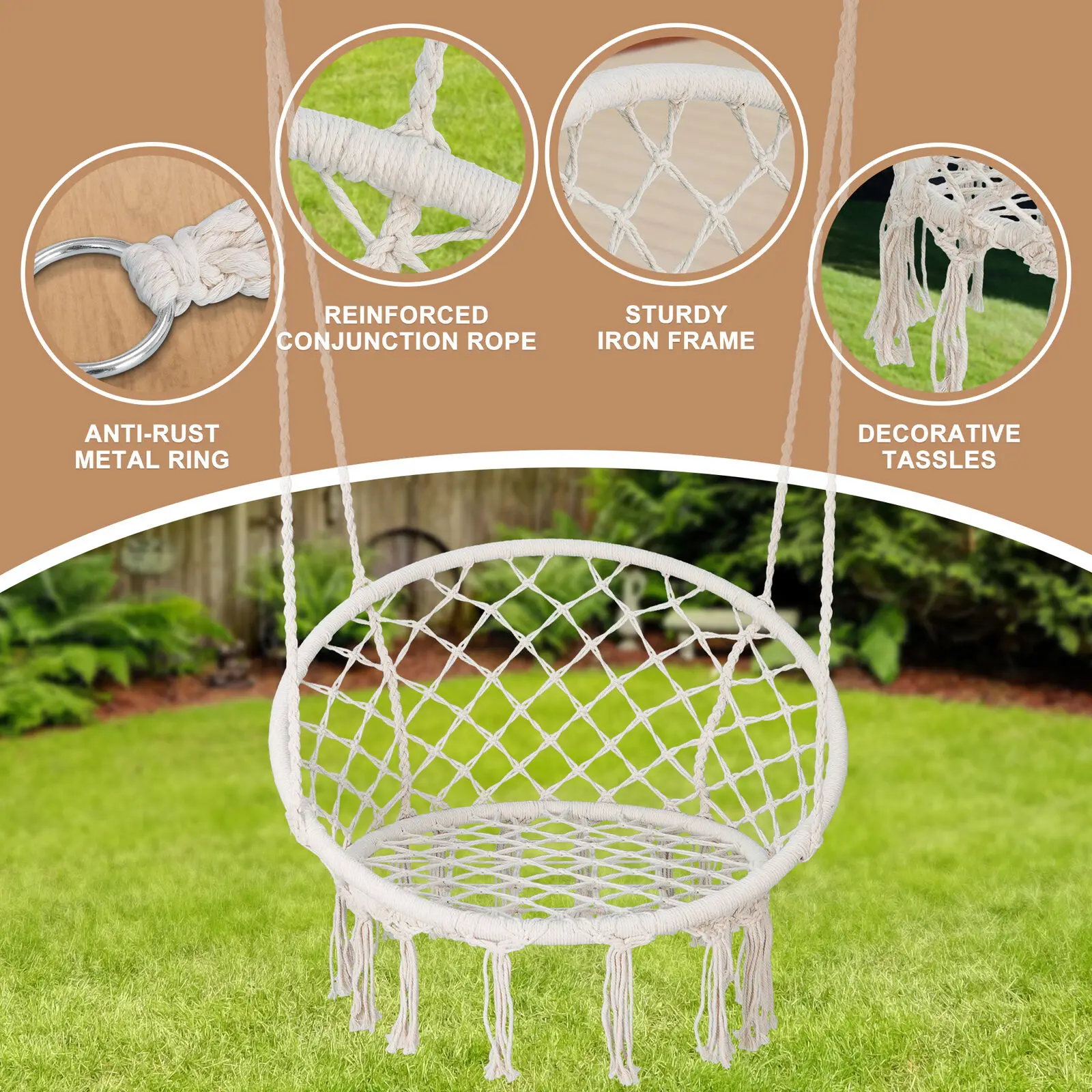 

US Macrame Hammock Chair with Tassels, Hanging Swing Chair, Max 330 Lbs