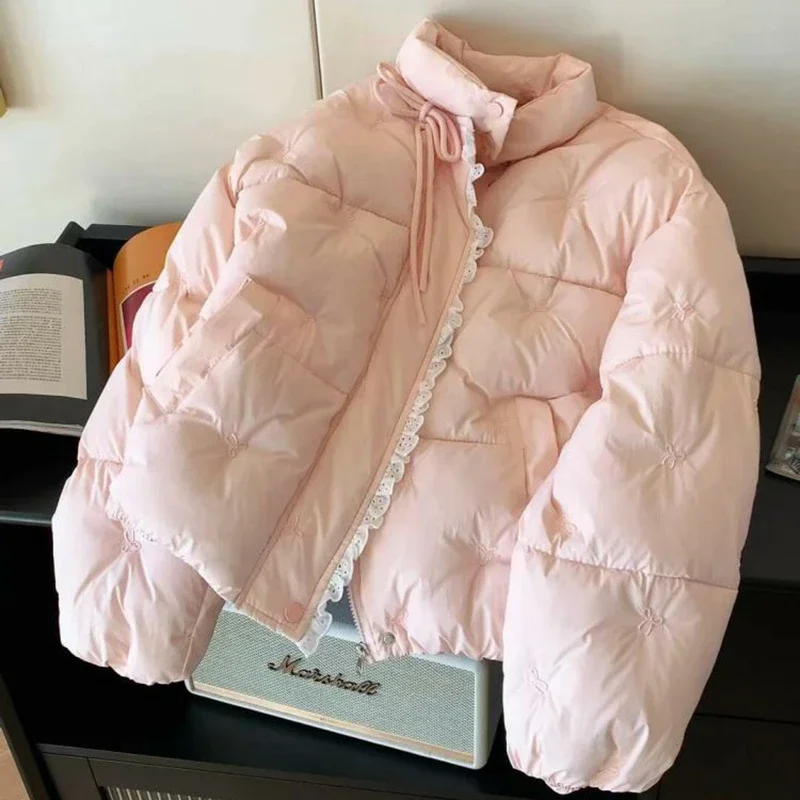 Sweet Bow Embroidery Parkas Women Winter Thick Kawaii Lace Patchwork Puffy Coats Preppy Stand Collar Bandage Cute Zipper Outwear