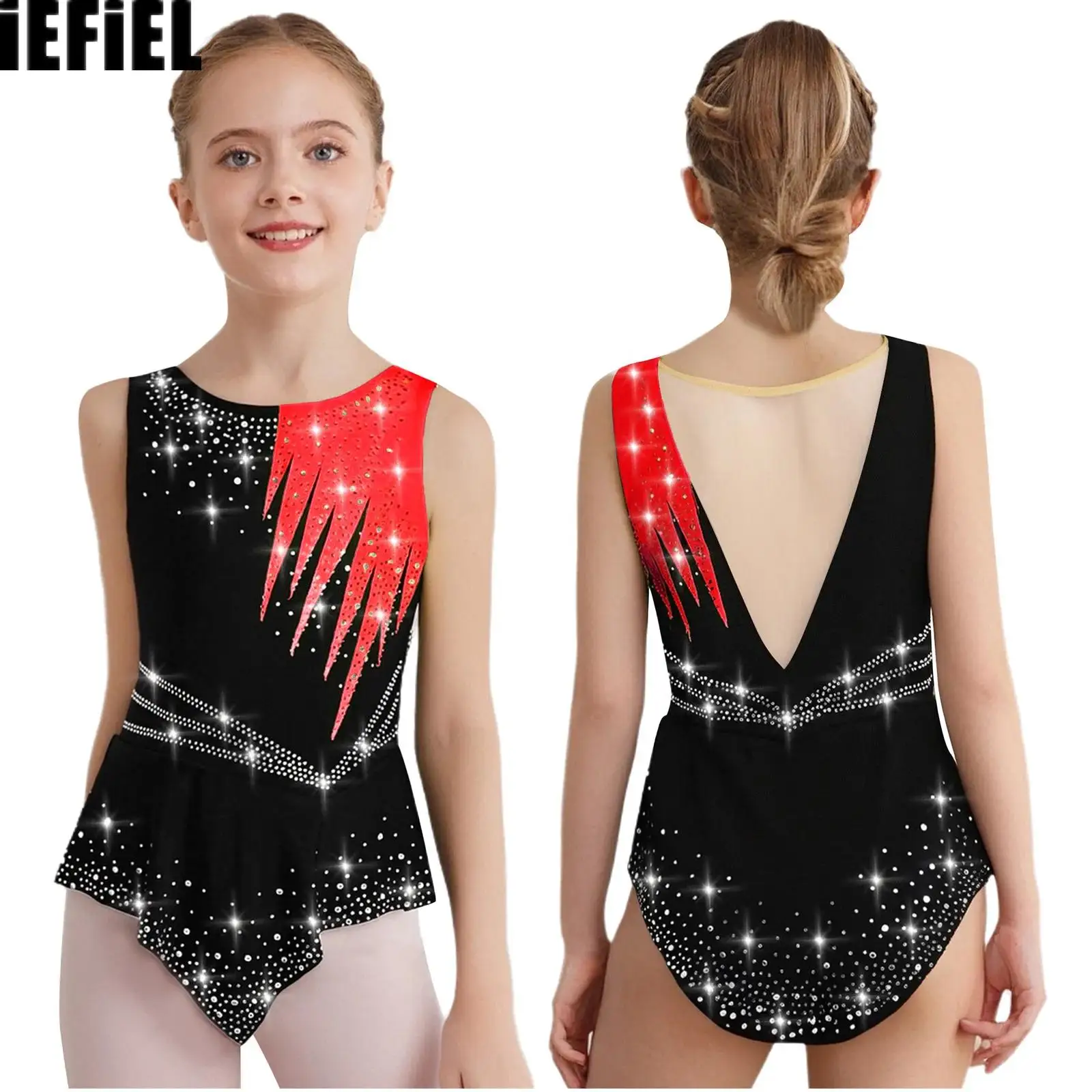 

Kids Girls Dance Leotard Rhythmic Gymnastics Sleeveless Shiny Rhinestones Contrast Color Bodysuit Competition Performance