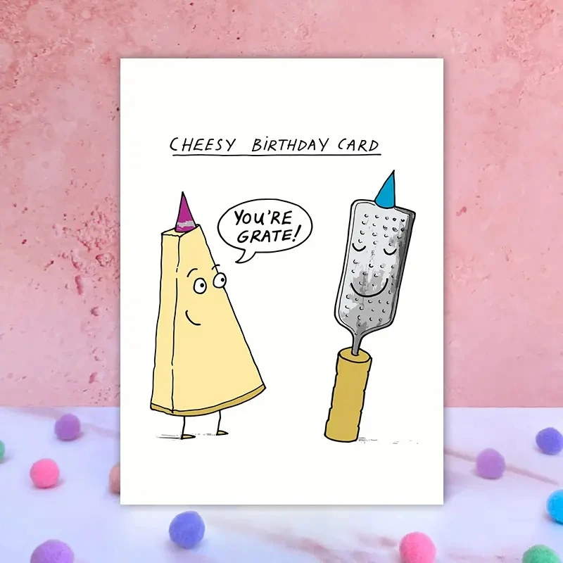 1 pc fun birthday card with a cute comic cheese pattern. The perfect gift for your partner\'s family, colleagues and friends.