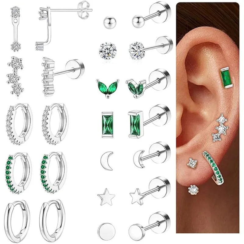 Fashion Earrings Set Crystal green Zircon Cartilage Piercing Women Stainless Steel Spiral Tragus Stud Earring Body Jewelry