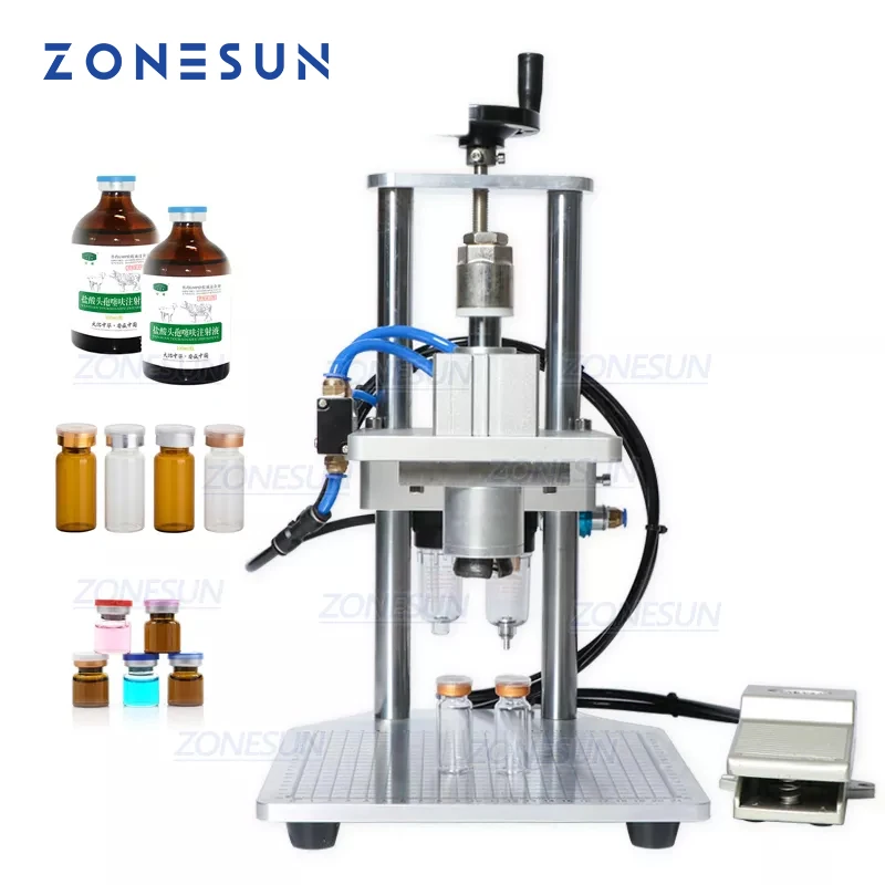 ZONESUN Pneumatic Oral Liquid Penicillin Antibiotic Injectable Bottle Capper Aluminum Plastic Glass Vial Crimper Capping Machine