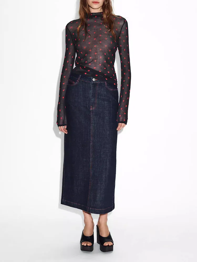 

Весна 2026: Женский элегантный сексуальный свитер с длинным рукавом, воротником-стойкой и вышивкой в виде сердца, тонкой вязки, повседневный, приталенный, трикотажный