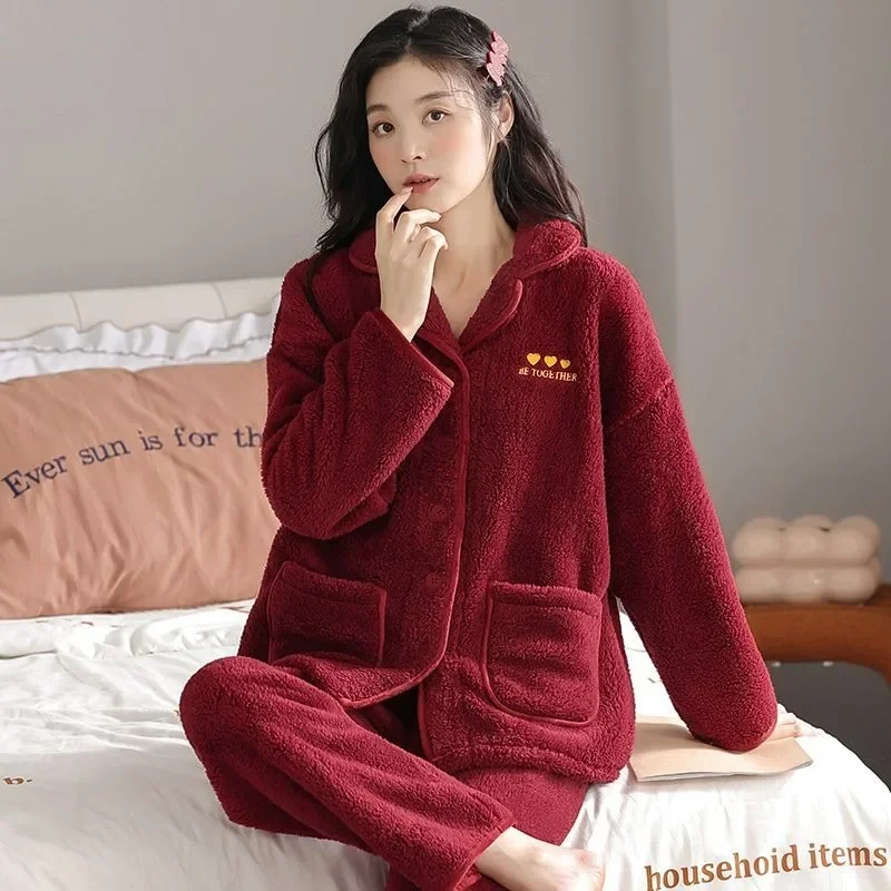 2023 New Sleepwear Women Autumn and Winter Coral Plush Thickened and Furnished Red Winter Warm Flannel Fashion Cozy Leisure Wear