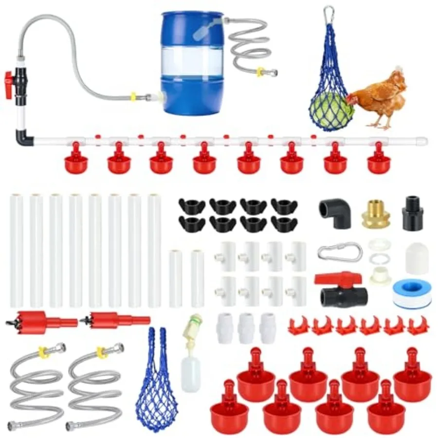 

57 Pcs Automatic Chicken Waterer System Set, Chicken Watering System Kit with 8 Chicken Water Cups, Float Valve, Water System f