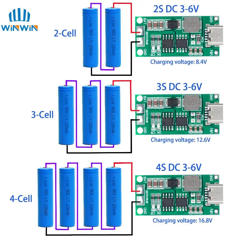 Multi-Cell 2S 3S 4S Type-C To 8.4V 12.6V 16.8V Step-Up Boost LiPo Polymer Li-Ion Charger 7.4V 11.1V 14.8V 18650 Lithium Battery