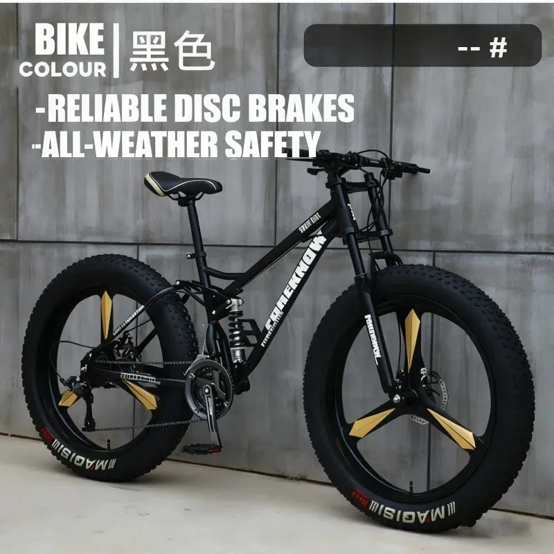 Czarny rower górski unisex do jazdy terenowej z amortyzacją, koła 3-w-1 z regulacją prędkości, do plaży, śniegu i gór, bardzo szerokie opony 4.0