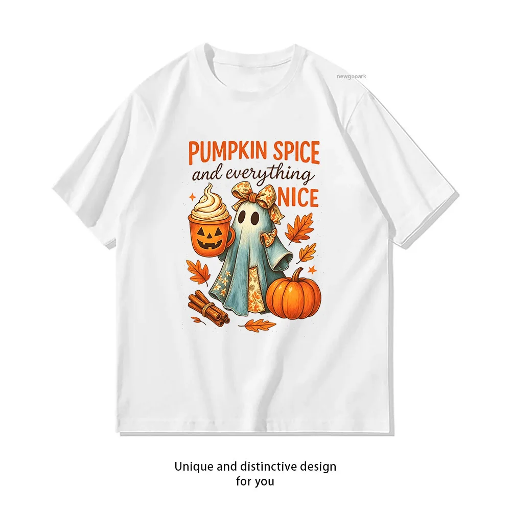 Pumpkin Spice and Everything Nice Ghost Halloween Autumn T-shirt Woman Man Summer Cotton Graphic T Shirts Adult Casual Tops Tee